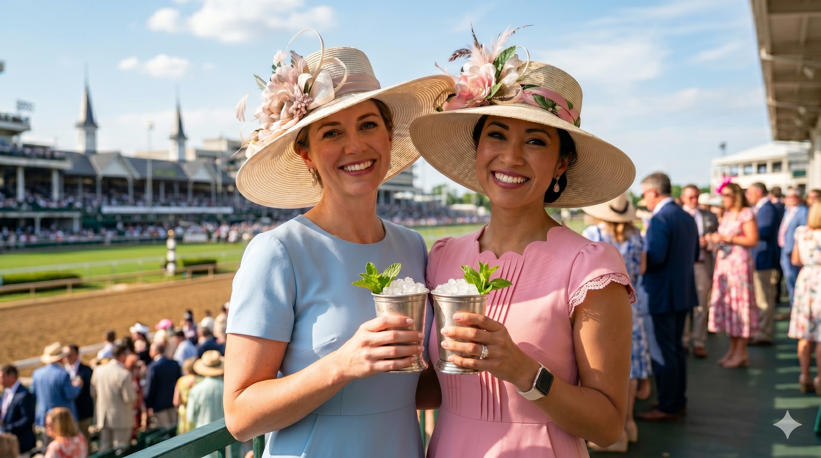 two pretty woman in dresses and hats at Kentucky Derby with mint julep cocktails